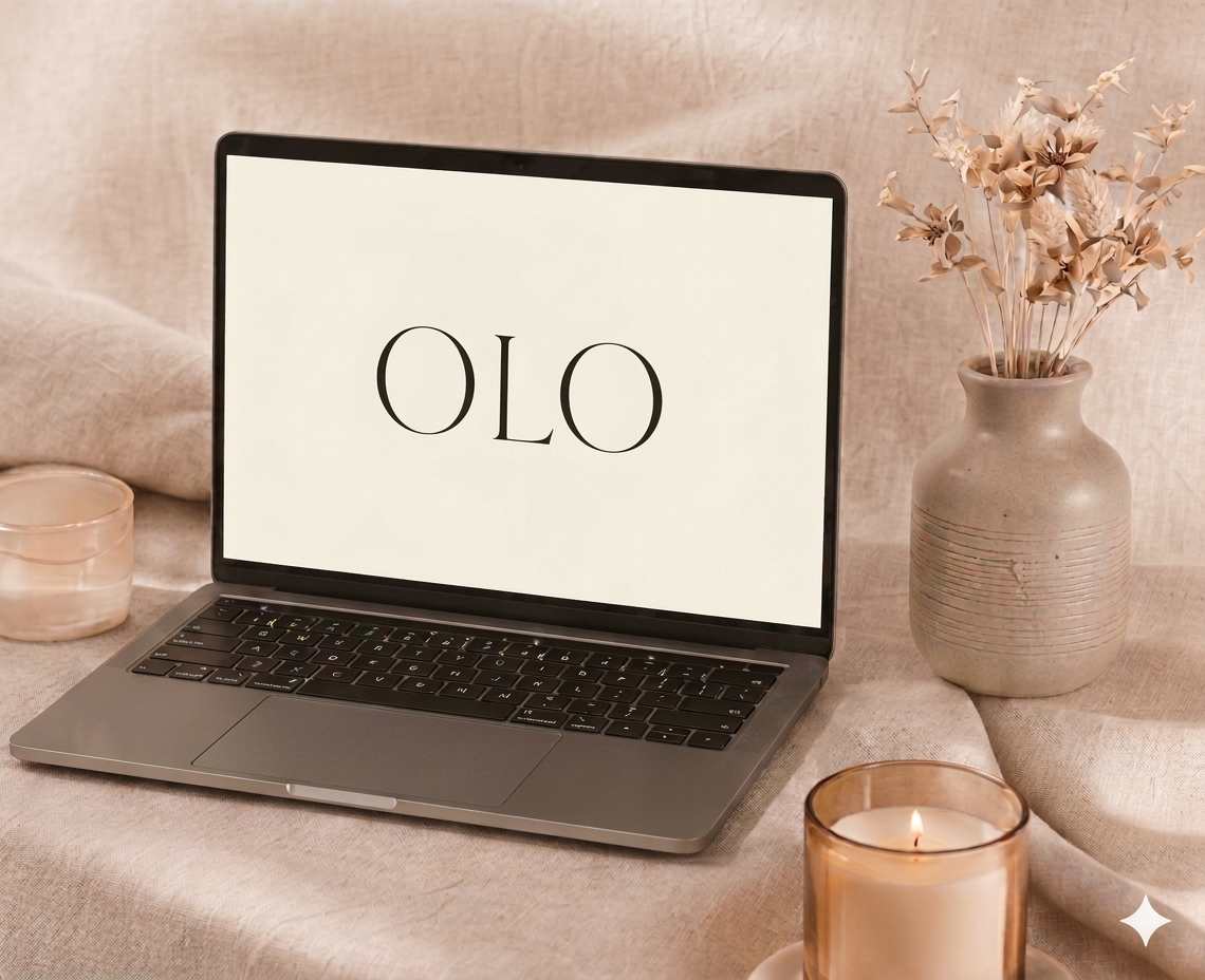 OLO lifestyle flat lay with laptop, candle, and dried florals